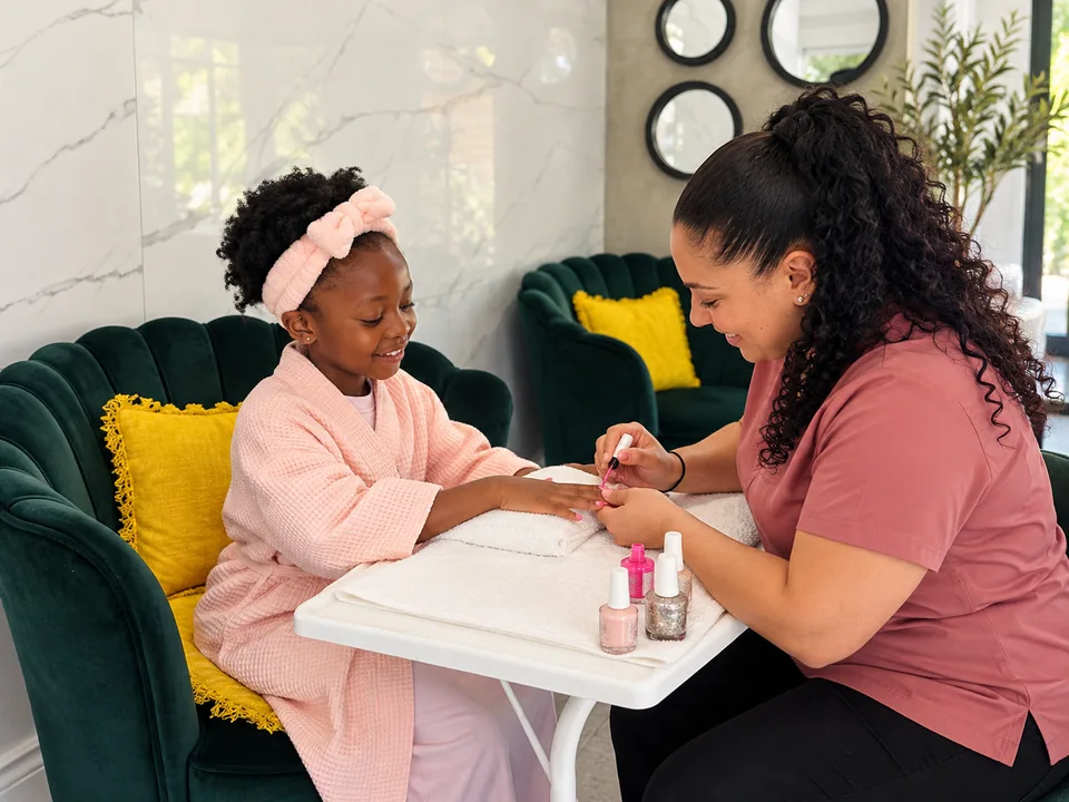 Illustrative scene of a child enjoying a manicure with a practitioner in a green-chair studio
